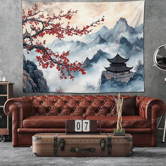 keowhsf Japanese Tapestry Aesthetic Wall Decor – Watercolor Ink Landscape with Red Plum Blossoms and Misty Mountains, Asian Art Hanging for Bedroom, Living Room, Dorm-Ruum Studio Home