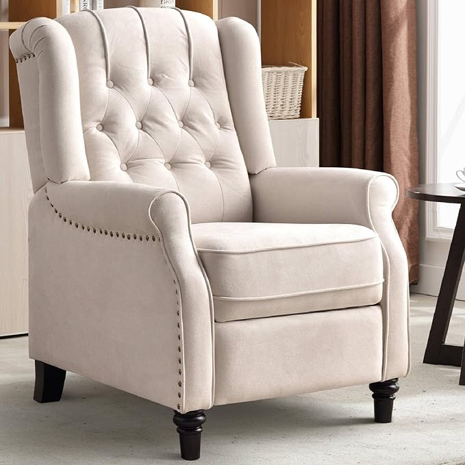 CANMOV Push Back Recliner Chair,Accent Chair,Mid Century Wingback Recliner, Fabric Push Back Recliner Chair Single Armchair Sofa with Rivet Decoration, Button-Tufted Back for Living Room, White-Ruum Studio Home