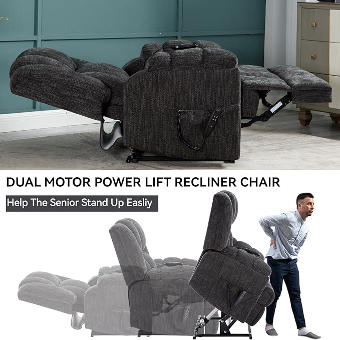 Power Lift Chair with Vibration Massage Heat for Elderly People, Dual Motor Electric Lay Flat Recliner Chair with Power-Remote, Standing Assistance Reclining, Chenille Dark Gray-Ruum Studio Home