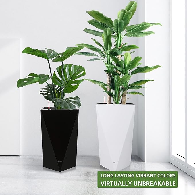 Dexceder 20 Inches Tall Self Watering Planter Diamond High Gloss Indoor Outdoor, Thickened Rhombus Large Floor Standing Flower Plant Pot with Water Level Indicator (Black)-Ruum Studio Home