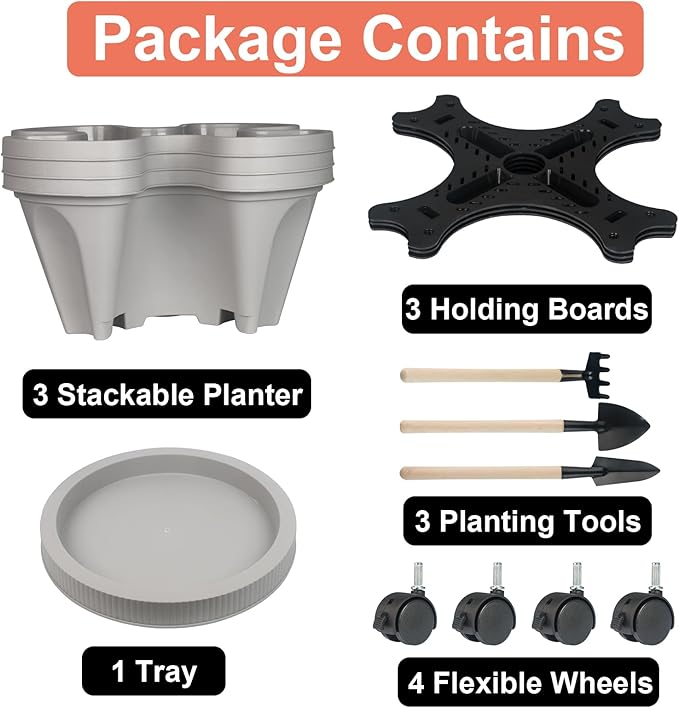Vertical Planter 3 Tier Stackable Planters Garden Planters Strawberry Herb Flower and Vegetable Planter Indoor Outdoor Gardening Pots with Removable Wheels and Tools-Ruum Studio Home