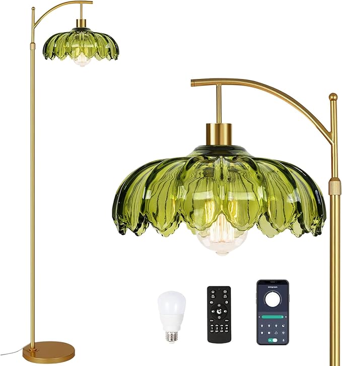 Gold Floor Lamps for Living Room Glass Vintage Floor Lamp with Remote Control,Dimmable Mid Century Modern Standing Lamp with 3 Color Temperature Tall Flower Lamp Brass Floor lamp for Bedroom Corner-Ruum Studio Home