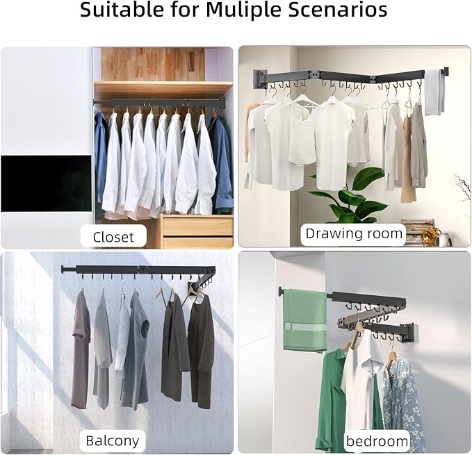 Wall Mount Clothes Drying Rack, 2-Fold Foldable & Sturdy Laundry Drying Rack Wall Mounted, [No Drilling] Space Saver for Laundry, Balcony, Bathroom, Patio, Dormitory, Apartment-Black-Ruum Studio Home