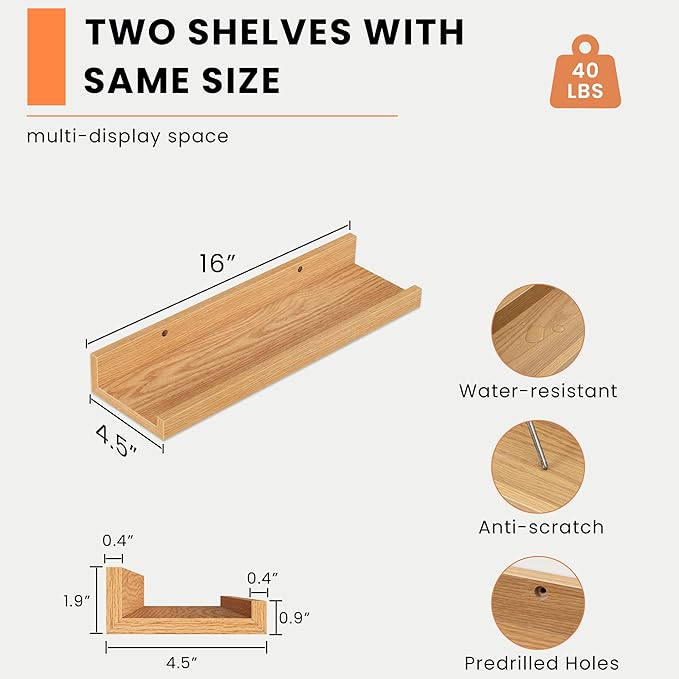 Heimlove Picture Ledge Shelf, Small Floating Shelves Set of 2, 16 Inches Picture Shelf for Wall with Ledge, Kids Bookshelf Wall Mounted for Living Room Bedroom Decor Books Photo Frames, Oak-Ruum Studio Home