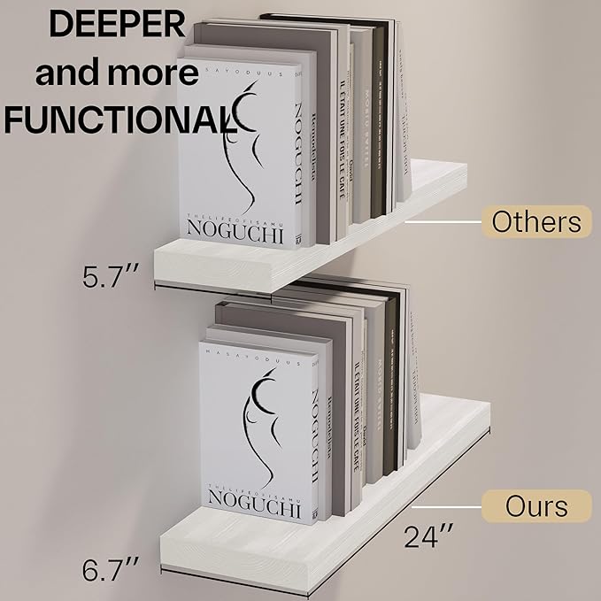 BGMG Wood Floating Shelves 24 inch Long,Rustic Solid Wooden Deep Wall Shelves for Bathroom Living Room Bedroom Kitchen Farmhouse Set of 2-24x6.7x1.25 inch-White-Ruum Studio Home