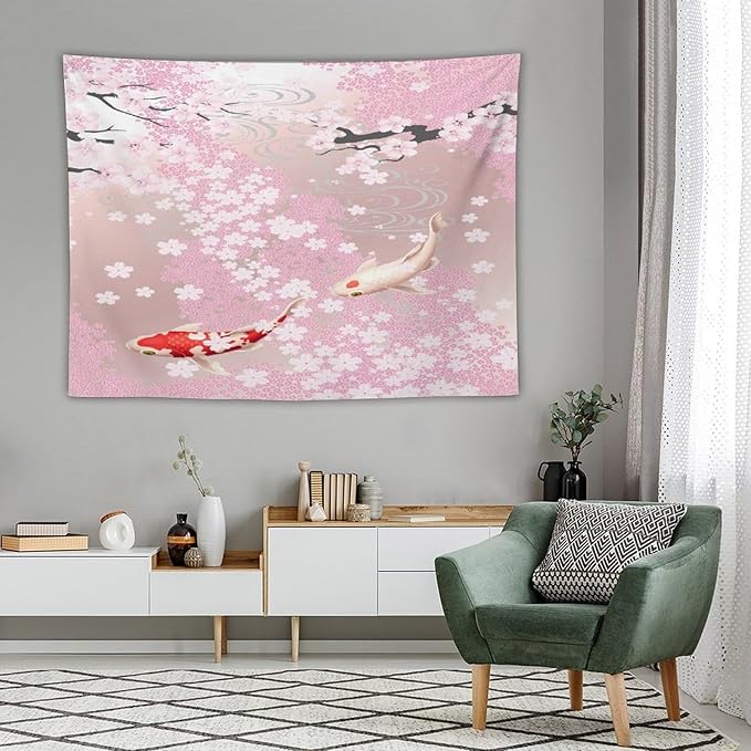 Houselerax Japanese Koi Fish Tapestry, Cherry Blossoms Asian Oriental Pink Flower Branch Koi Fish Carp Tapestries Wall Hanging for Bedroom Living Room Office Decor 80"x60"-Ruum Studio Home