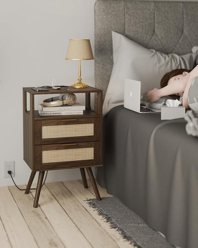 Rattan Nightstand with Charging Station,Modern Bedside Table with 2 Storage Drawer and Open Wood Shelf, for Bedroom and Small Spaces,Night Stand with Solid Wood Legs (Walnut Brown)-Ruum Studio Home