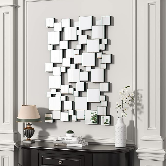 KOHROS Large Silver Wall Mirrors Decorative 48×32 Inch Modern Art Geometric Patchwork Mirror for Wall Decor, Living Room & Entryway Decor, 3D Space - Extending Wall - Mounted Mirror-Ruum Studio Home