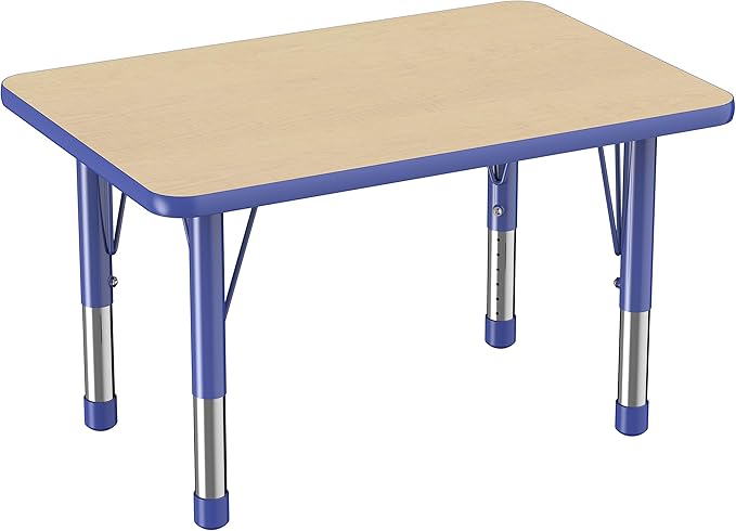 FDP Rectangle Activity School and Classroom Kids Table (24 x 36 inch), Chunky Toddler Leg, Adjustable Height 15-24 inches - Maple Top and Blue Edge-Ruum Studio Home