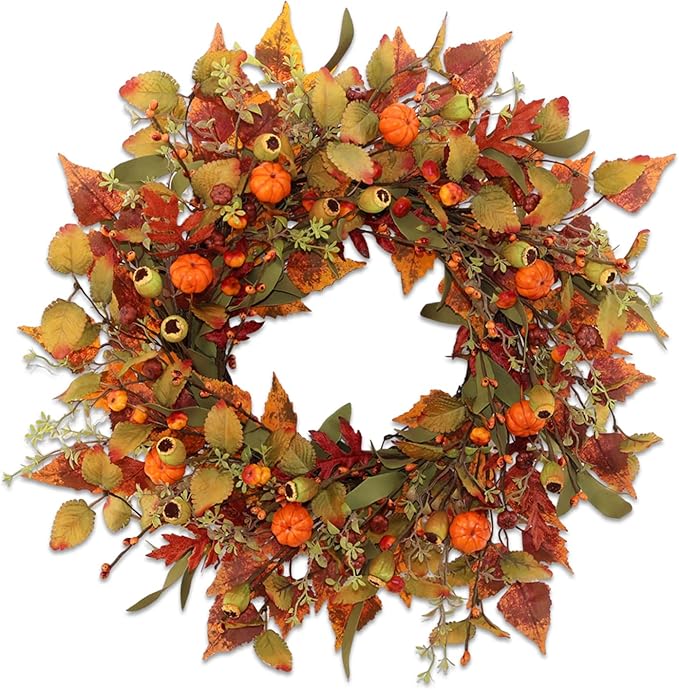 22 inch Artificial Fall Wreaths for Front Door,Autumn Wreath with Pumpkin and Maple Leaves Suitable for Indoor Outdoor Wall Porch Harvest Festival Thanksgiving Day Farmhouse Holiday Decor.-Ruum Studio Home