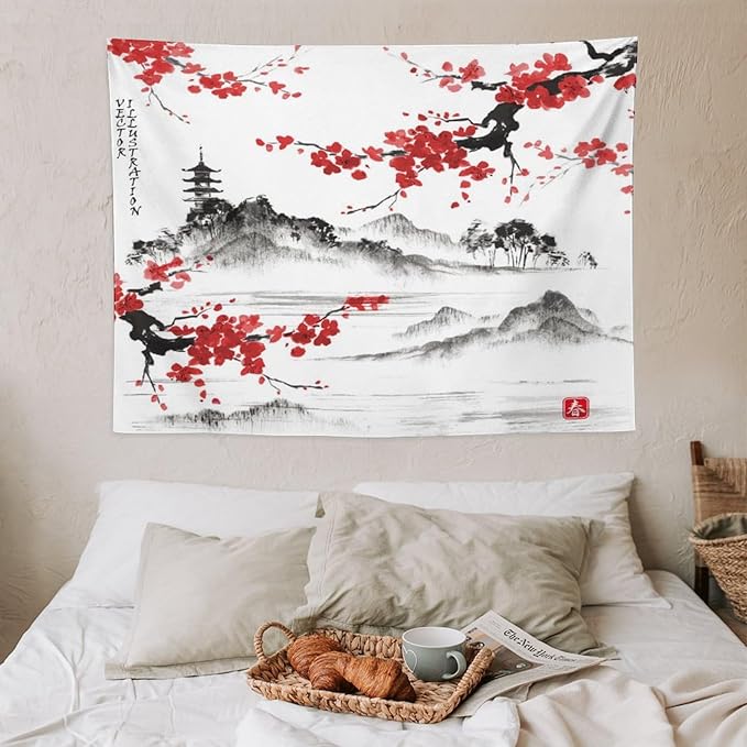 Cherry Blossoms Tapestry, Japanese Fuji Mountain Wall Tapestry, Nature Landscape Wall Art for Bedroom & Living Room Decor, 40"x30"-Ruum Studio Home