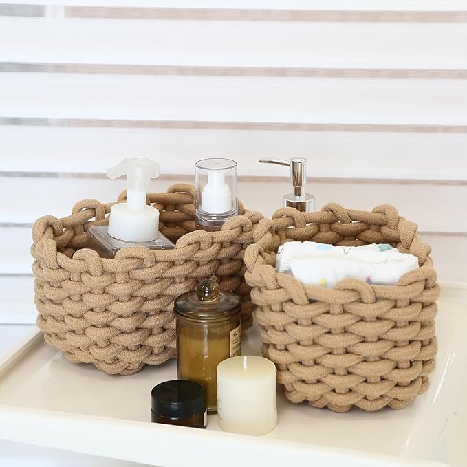 Sea Team 3-Pack Rectangle Woven Cotton Rope Storage Baskets with Handles, Shelf Basket, Closet Organizers, 3-in-1, Khaki-Ruum Studio Home