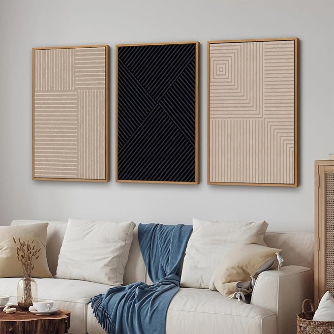 Tinonedraw Mid Century Modern Framed Canvas Wall Art Set of 3, Neutral Abstract Art Prints, Black and Brown Geometric Minimalist Wall Decor for Living Room Bedroom Office Dining Room 16"x24"x3-Ruum Studio Home
