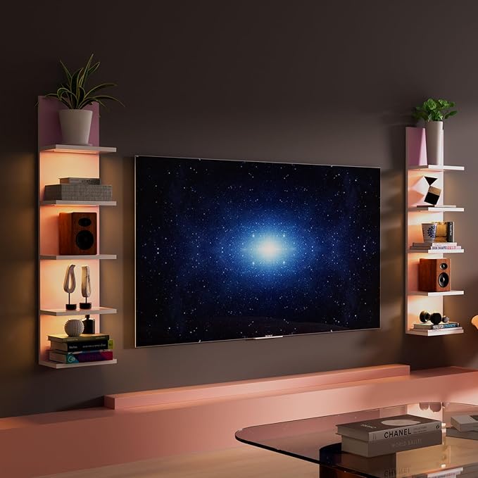 5 Tier Wall Shelf Unit,Modern Vertical Lack Wall Shelves with Light, Wall Mount, Floating Column Home Decor Shelves for Bedroom, Living Room, Vanity Storage Display(Pink)-Ruum Studio Home