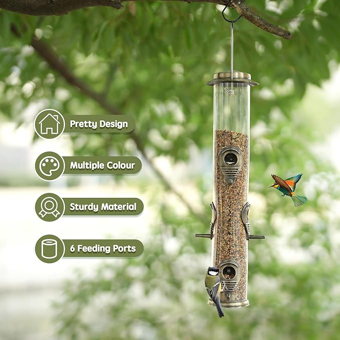 MIXXIDEA 2PK Metal Wild Bird Feeder Squirrel Proof Bird Feeders for Outside Hanging 6 Port Tube Bird Feeder Transparent Finch Feeder with Steel Hanger (Bronze)-Ruum Studio Home