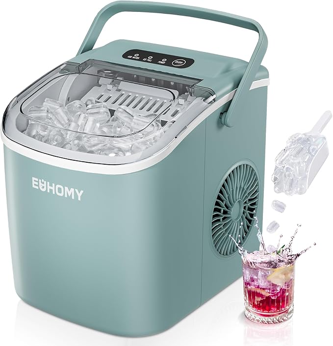 EUHOMY Countertop Ice Maker Machine with Handle, 26lbs Per Day, 9 Ice Cubes Ready in 6 Mins, Auto-Cleaning Portable Ice Maker with Basket and Scoop, for Home/Kitchen/Camping/RV (Green)-Ruum Studio Home