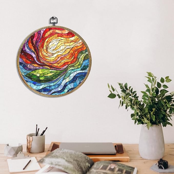 Colorful Boho Rainbow Geometric Spiral Sun Art Gift Framed Round Wall Decor Canvas Wall Art Hanging Prints Artwork for Home Office Bathroom Bedroom Living Room Decorations 10.2X10.2 Inch-Ruum Studio Home