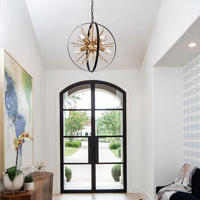 17.72'' Black Gold 8-Light Globe Sputnik Chandelier Modern Industrial Adjustable Hanging Ceiling Firework Pendant Light Fixture for Entryway Stairway Kitchen Dining Living Room Hallway-Ruum Studio Home