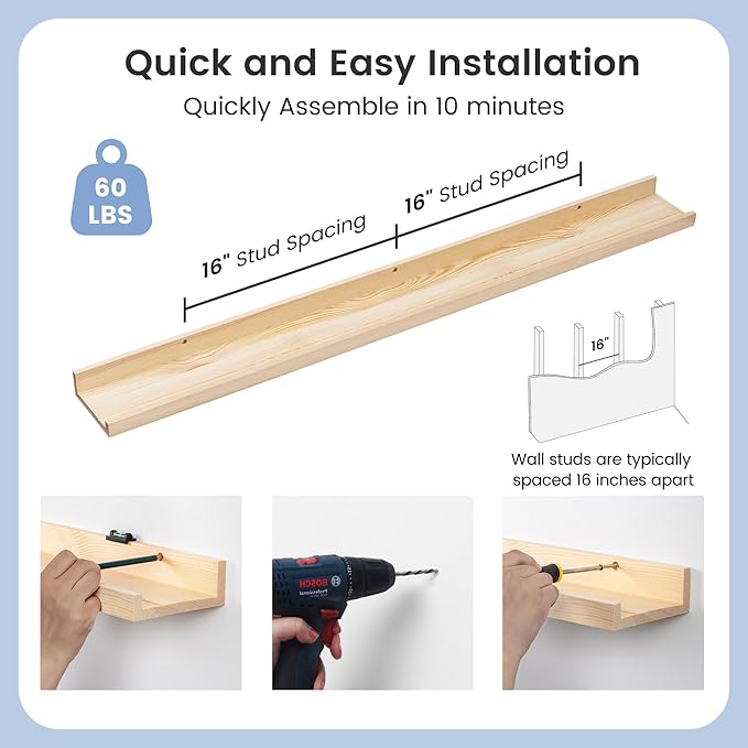 Picture Ledge Shelf for Wall, 48 inches Solid Pine Wood Nursery Book Shelves 3 Packs, Floating Ledge Shelves for Kids' Room Bedroom Bathroom Long Floating Shelves for Wall Nursey Wall Decor, Natural-Ruum Studio Home