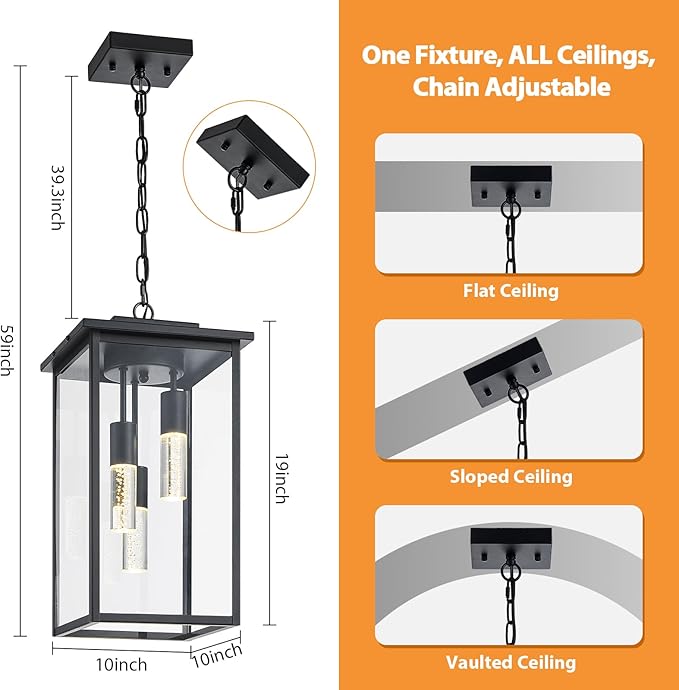 3-Color LED Outdoor Pendant Light with Remote, 3-Light 19" Large Outdoor Chandelier for Porch, Black Exterior Pendant Lighting Fixture Ceiling Mount Pendant Lantern for Patio Front Door-Ruum Studio Home