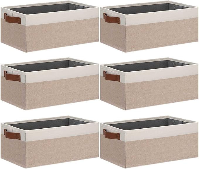 GhvyenntteS Small Fabric Storage Bins 6 Pack, 11.8" x 7.87" x 5.11" Storage Basket with Leather Handles, Closet Storage Bins for Shelves, Storage Baskets for Shelves, DVD Storage (Pink/White)-Ruum Studio Home