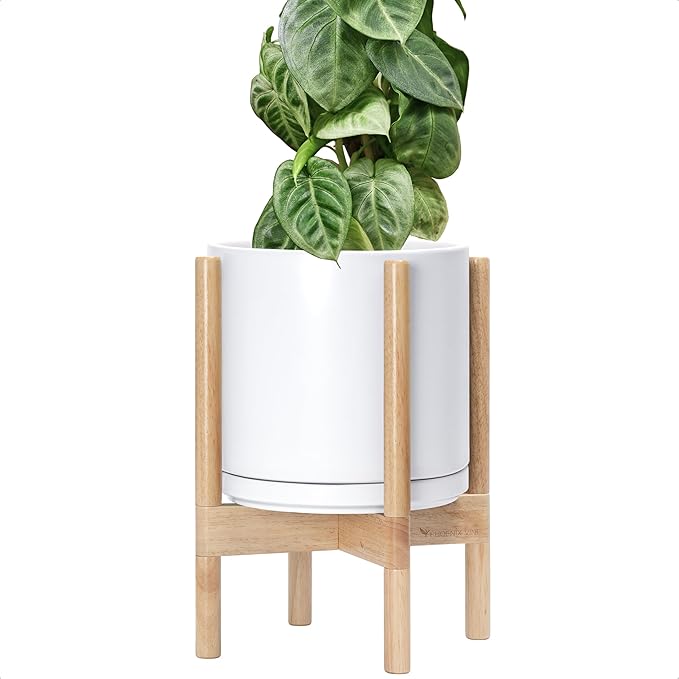 D'vine Dev Ceramic Planter with Natural Stand - 10 Inch Modern Round Flower Pot with Wood Planter Holder, White, 55-B-K-1-Ruum Studio Home