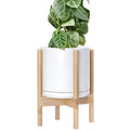 D'vine Dev Ceramic Planter with Natural Stand - 10 Inch Modern Round Flower Pot with Wood Planter Holder, White, 55-B-K-1-Ruum Studio Home
