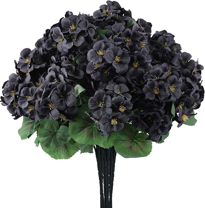 Hananona 12 Bundles Artificial Geranium Flowers for Outdoors Black Silk Geranium Flowers Outdoor UV Resistant Plants Faux Black Flower for Home Kitchen Halloween Table Centerpieces Decor (12, Black)-Ruum Studio Home