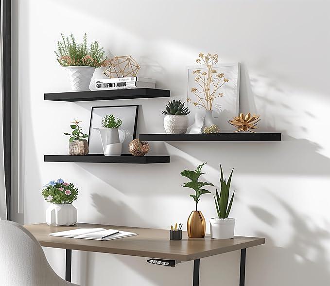 Wood Floating Shelves for Wall Decor, Rustic Wall Shelves for Bedroom Bathroom Kitchen Living Room, Set of 4 Black 24 Inch-Ruum Studio Home