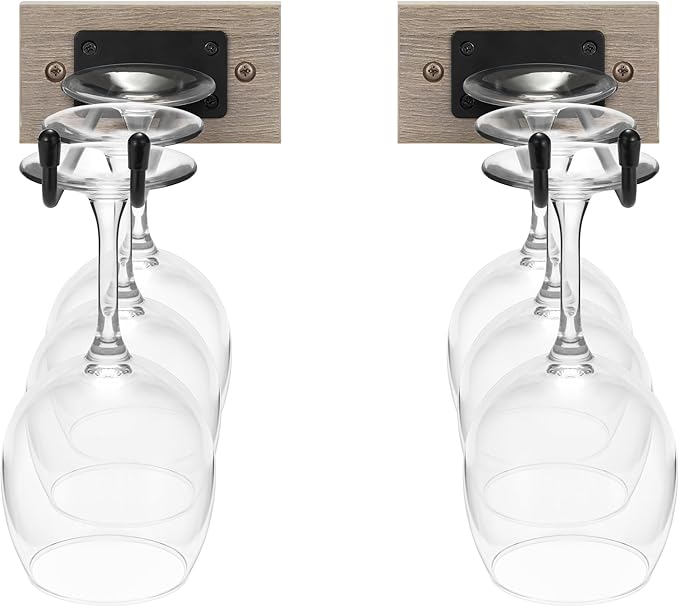 Sorbus Wall Mounted Wine Glass Stemware Rack Set - Wire & Wood Wine Rack Wall Mounted for Wine Glasses, Champagne Glasses, and Drinkware - Complete Your Home Bar & Kitchen Storage, Grey-Ruum Studio Home