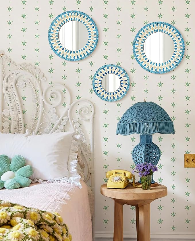 TEIPAI Handmade Mother of Pearl Mirror for Wall Decor, 3PCS Round Decorative Mirrors for Beach Nautical Home Hotel Coffee Shop, Natural Plate Art Hanging Sculpture for Dorm Apartment Entryway (Blue)-Ruum Studio Home