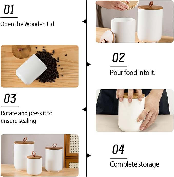 White Canister Sets for Kitchen, 3pcs Ceramic Canisters with Airtight Wooden Lid, Food Storage Jar, Large Kitchen Storage Containers for Serving Coffee Beans, Tea, Sugar, Salt, Spices-Ruum Studio Home
