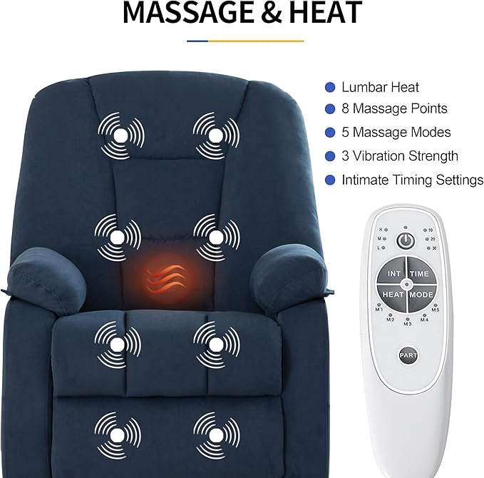Power Swivel Rocker Recliner Chair for Adults,Rocking Recliners Chairs with Massage and Heat for Living Room, Electric Fabric Reclining Sofa Chair with USB and Type-C Port (Fabirc Blue)-Ruum Studio Home