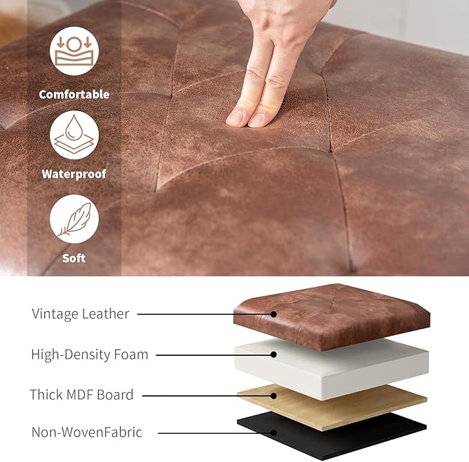 Joveco Leather Storage Ottoman, 24" Rectangle Tufted Square Upholstered Bench, Foot Rest Stool with Wood Legs, Footstool for Living Room Bedroom, Coffee-Ruum Studio Home