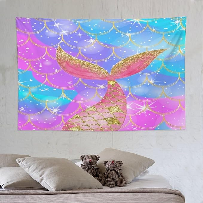 HZOHNAGO Mermaid Scales Tapestry Colorful Shiny Scales Mermaid Tail Pattern Printed Wall Tapestry Wall Hanging for Bedroom Living Room Dorm 90" W x 60" H-Ruum Studio Home