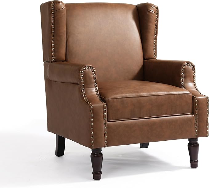 UIXE PU Leather High Back Accent Chair, Upholstered Armchair for Living Room, Retro Wingback Arm Chair Nailhead Trim Single Sofa Bedroom Reading Seat with Solid Wood Legs - Brown-Ruum Studio Home