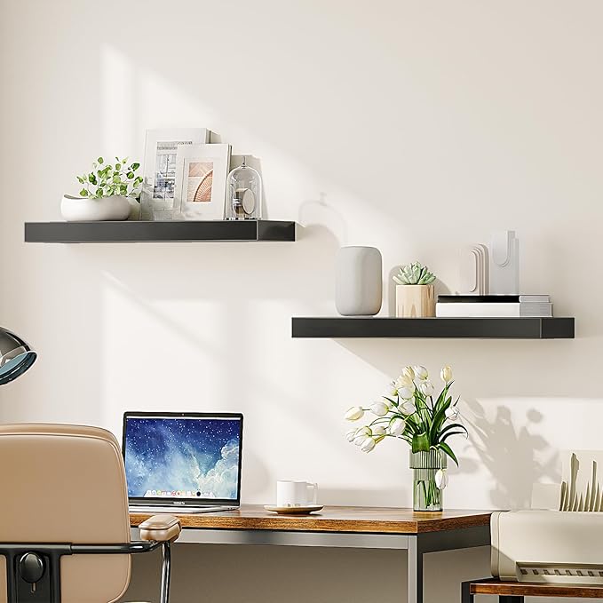 HOOBRO Floating Shelves for Wall, Wall Mounted Shelf Set of 2, 23.6" Hanging Shelf with Invisible Brackets, for Wall in Bathroom, Bedroom, Toilet, Kitchen, Living Room, Office, Black BK60BJ01-Ruum Studio Home