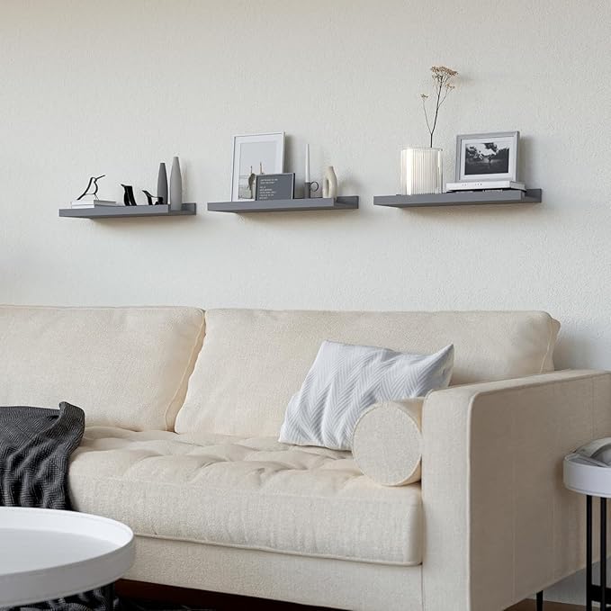 RICHER HOUSE 3 Set Floating Shelves for Wall, Black Wall Mounted Shelves with Lip for Storage, Display Picture Ledge Shelf for Bedroom Bathroom Kitchen Living Room Decor, Modern Grey-Ruum Studio Home