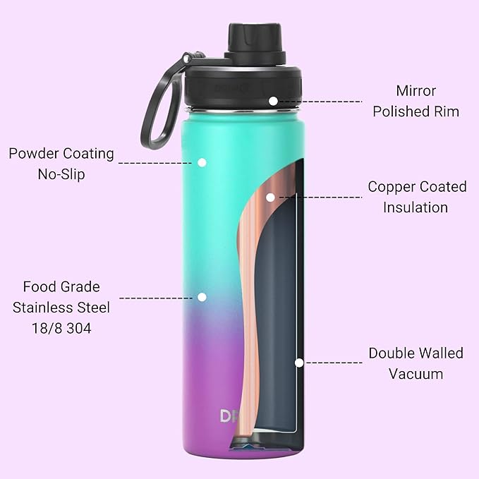 DRINCO Stainless Steel Water Bottle Spout Lid Vacuum Insulated Double Wall Water Bottle Wide Mouth (40oz 32oz 22oz 18oz 14oz) Leak Proof Keeps Cold or Hot (22 oz, 22oz Ombre Fuschia Teal)-Ruum Studio Home