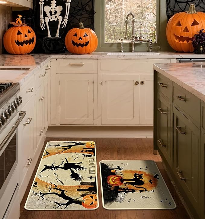 Halloween Kitchen Mat Set of 2, Spooky Witch Pumpkin Cat Halloween Kitchen Decor, Halloween Rug for Floor, Indoor Spooky Home Decor with Non-Slip Backing,17 x 29 Inch & 17 x 47 Inch-Ruum Studio Home