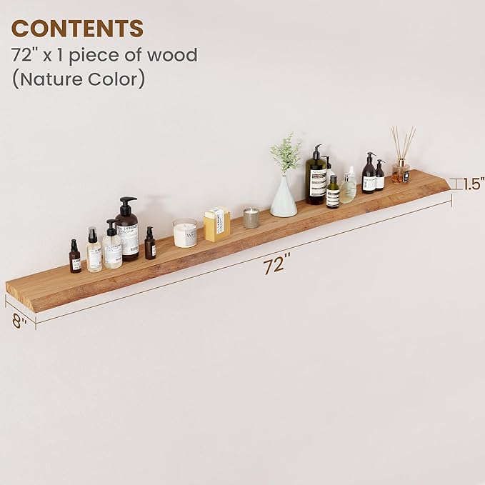 Floating Shelves for Wall Decor, Rustic Solid Elm Wood Live Edge Floating Shelves Wall Mounted, Wall Shelves with Invisible Bracket for Living Room Bathroom Bedroom Kitchen, 72 Inch, Natural-Ruum Studio Home