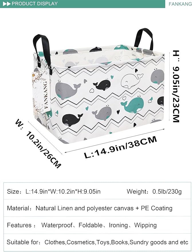 FANKANG Storage Bins, Nursery Hamper Canvas Laundry Basket Foldable with Waterproof PE Coating Large Storage Baskets for Kids Boys and Girls, Office, Bedroom, Clothes,Toys(Rec-whales ）-Ruum Studio Home