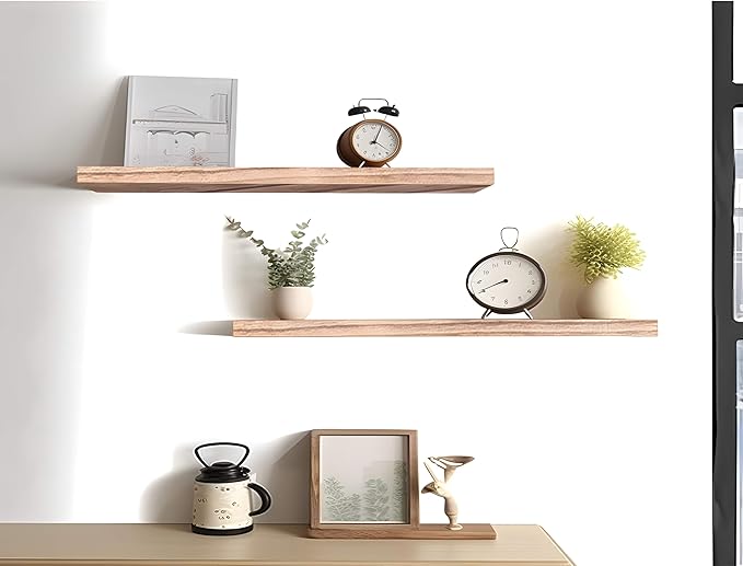 Wood Floating Shelves for Wall Decor, Rustic Wall Shelves for Bedroom Bathroom Kitchen Living Room, Set of 4 Light Walnut 24 Inch-Ruum Studio Home