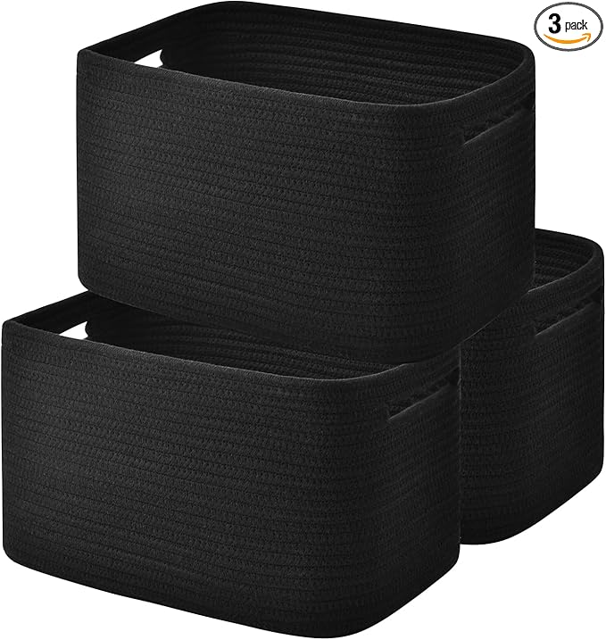 Storage Basket,Woven Baskets for Storage,Cotton Rope Baskets for Organizing,decorative Baskets for Shelves,book Basket,towel Basket,Toy Basket or Storage Bins for Living Room - 3 Pack,Black-Ruum Studio Home