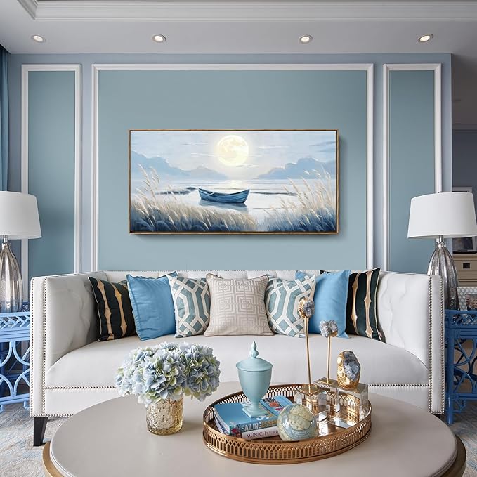 amatop Large Framed Wall Art Bedroom Living Room Decor Blue Boat Moonlight Coastal Seascape Picture Landscape Decorative Canvas Print Tranquil Night Ocean Lake Scene Artwork Nautical Wall Decor 48x24-Ruum Studio Home