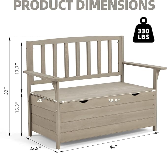 AVAWING Outdoor Storage Bench, Wooden Garden Bench Weatherproof, Patio Benches for Outside, 2-Seat Front Porch Bench, Park Bench for Deck, Lawn, Backyard (Light Gray)-Ruum Studio Home
