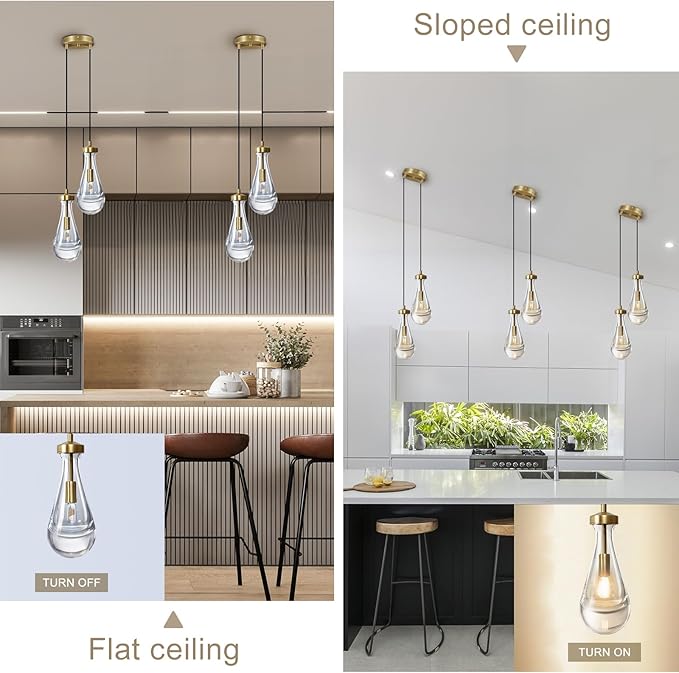 Brass Raindrop Pendant Lights Kitchen Island 2-Light, Cluster Gold Pendant Light Fixture for Bedroom, Dimmable Dining Room Light Fixture Hanging Pendant Lighting Ceiling Chandelier for Foyer-Ruum Studio Home