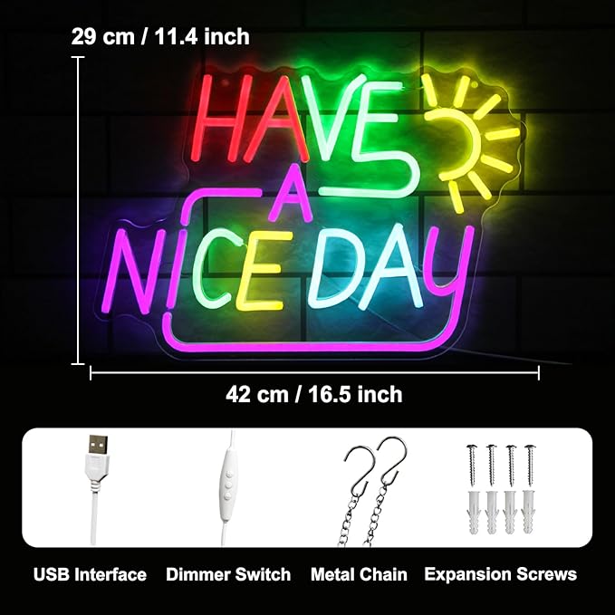 Have A Nice Day Neon Sign for Wall Colorful Letter Neon Light Sun LED Neon Lights Signs Dimmable Words Light Up Signs for Bedroom Living Room School Office Dorm Party Decor Kids Gifts-Ruum Studio Home
