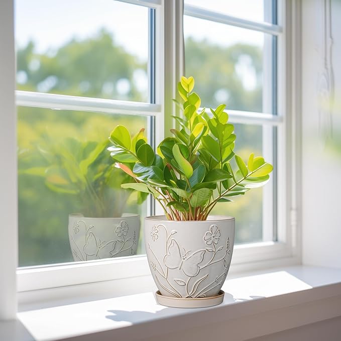 6 Inch Ceramic Plant Pot for Indoor Plants Outdoor Round Planter Flower Pot with Drainage Hole and Saucer for Home Garden Office Decor White-Ruum Studio Home