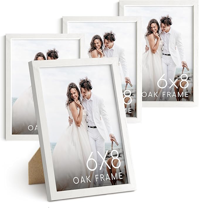 HAUS AND HUES 6x8 White Oak Wooden Picture Frame - Set of 4 6x8 Poster Frame - Premium Oak, Vertical Hang, Shatterproof Plexiglass - Ideal for Home, Room, Office (6x8-inch, White, Set of 4)-Ruum Studio Home